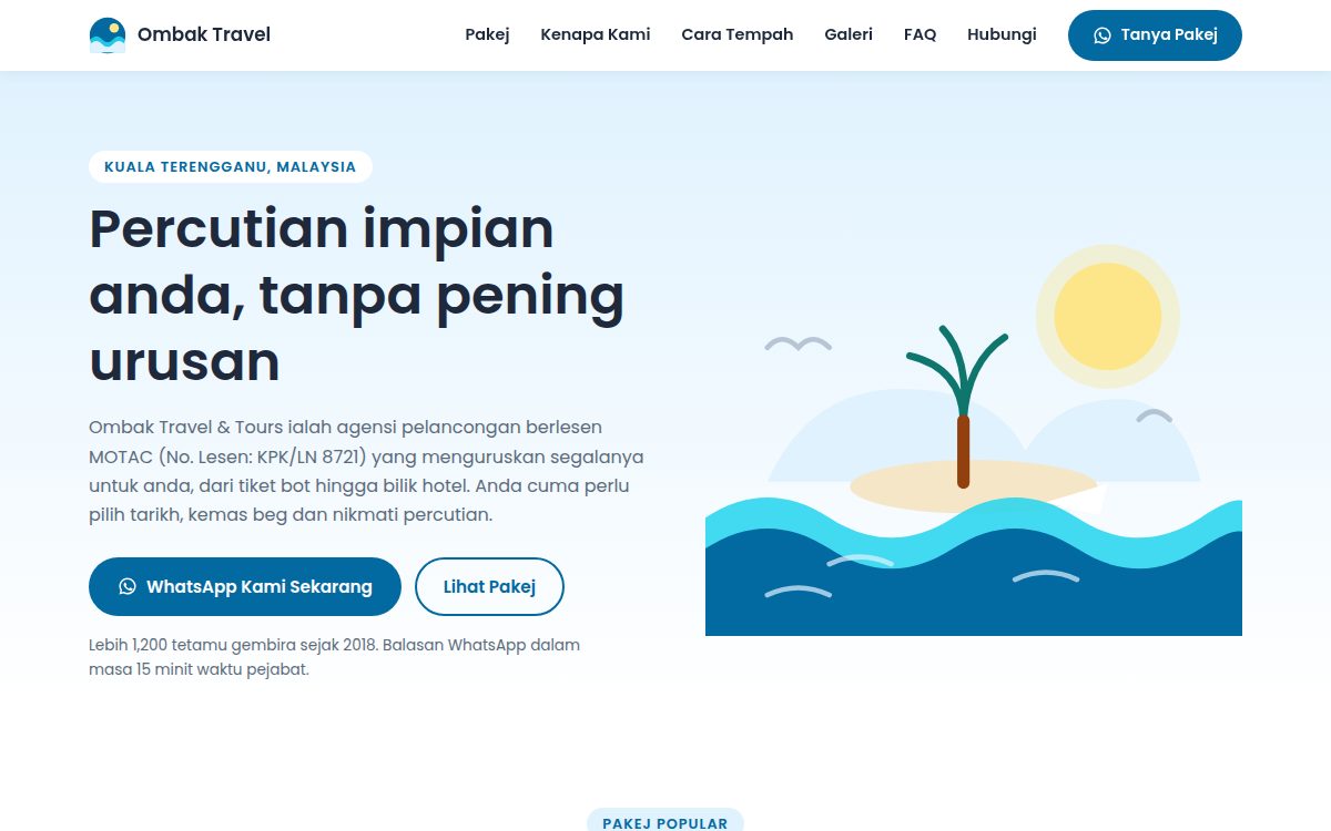 Screenshot homepage demo website Ombak Travel dan Tours