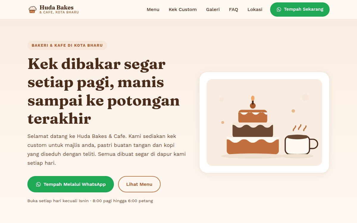 Screenshot homepage demo website Huda Bakes dan Cafe