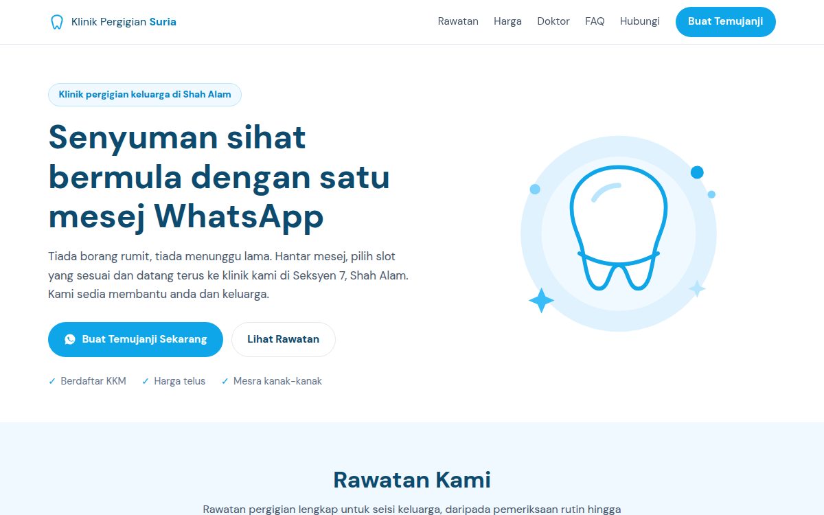 Screenshot homepage demo website Klinik Pergigian Suria