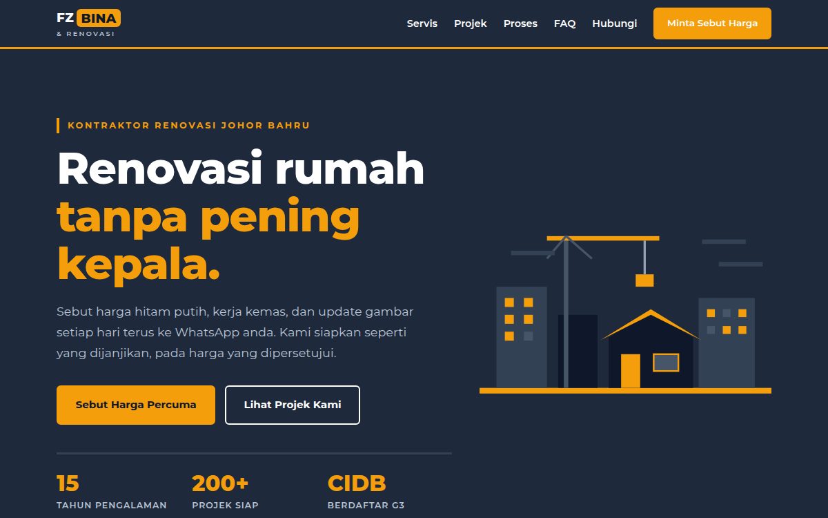 Screenshot homepage demo website kontraktor FZ Bina dan Renovasi